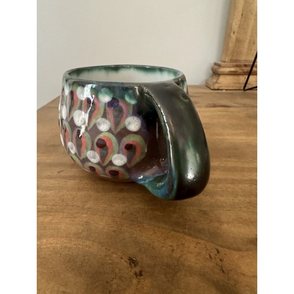 Palopo Guatemala Pottery Peacock Feathers Coffee Mug marked KE - Ken Edwards 3”T - Picture 2 of 6